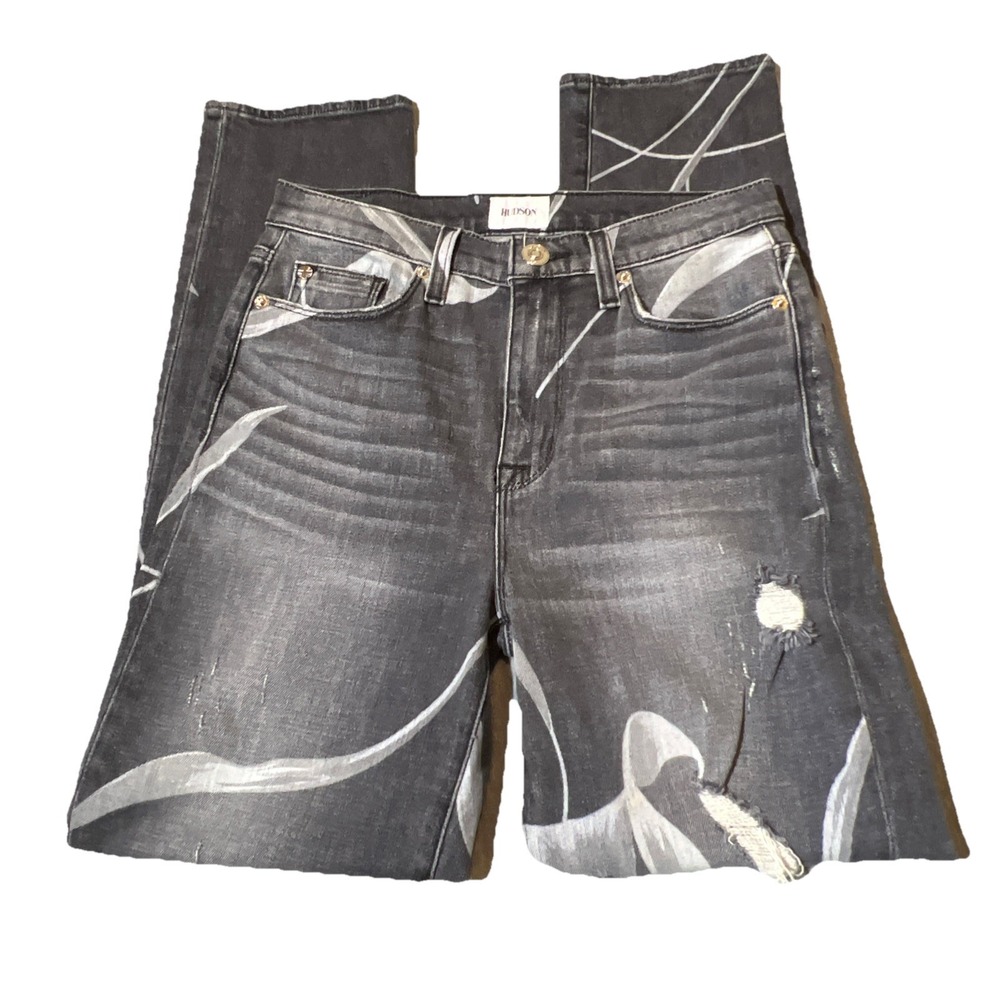 Hudson Jeans Women Sz 25 Zoeey High Rise Straight Crop Charcoal Wash‎ Print EUC